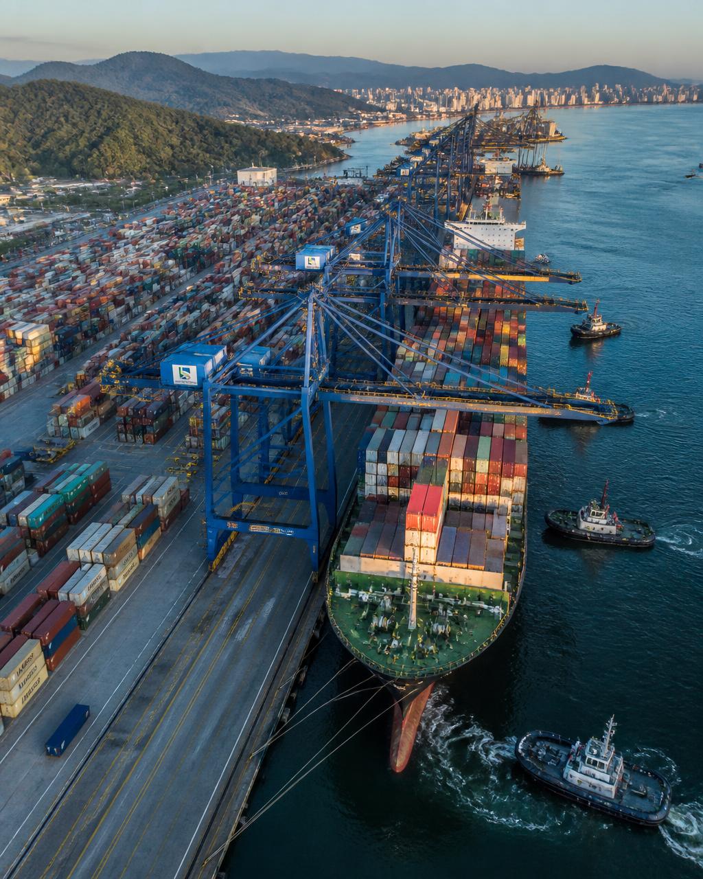 Terminal de contêineres do Porto de Santos com navio sendo carregado